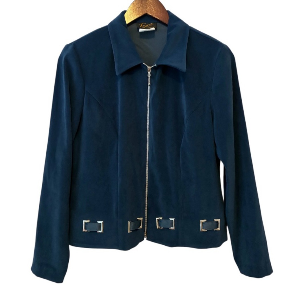 Gunmetal Blue Zip Blazer Jacket. Faux suede material. Sz 6.Buckle accents.Office